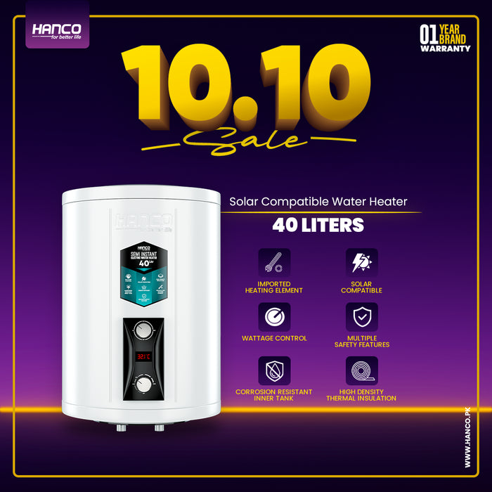 Semi Instant Electric Water Heater Solar Compatible - 40 Liters Body Size - Smart Electric Geyser