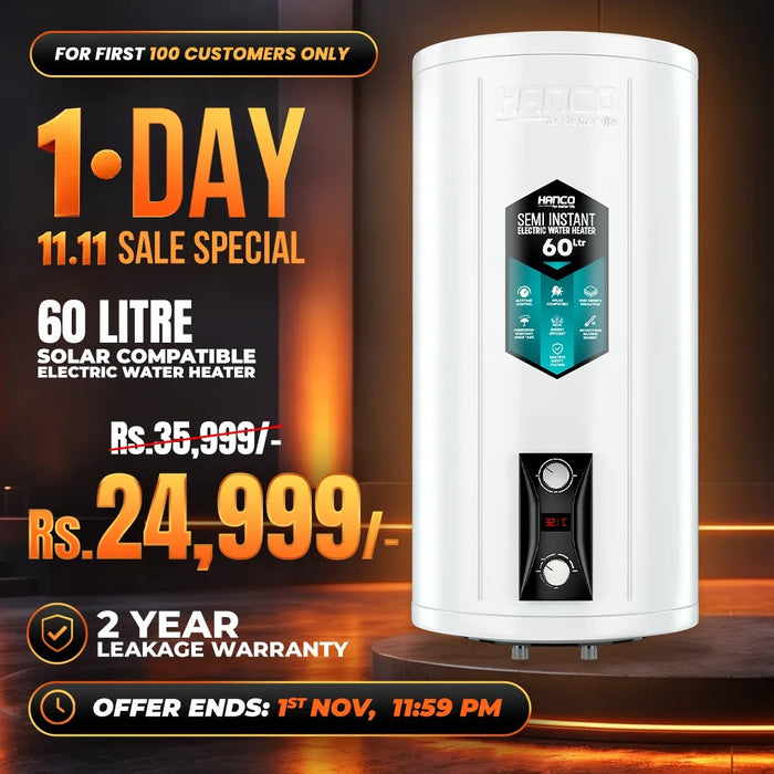 Semi Instant Electric Water Heater Solar Compatible - 60 Liters Body Size - Smart Electric Geyser