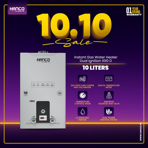 Hanco 10 Liters Instant Water Heater - Model 1010- D Dual Ignition - Gas Geyser