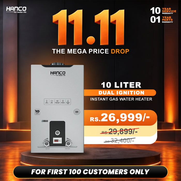 Hanco 10 Liters Instant Water Heater - Model 1010- D Dual Ignition - Gas Geyser