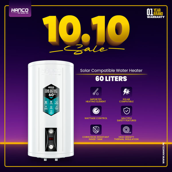 Semi Instant Electric Water Heater Solar Compatible - 60 Liters Body Size - Smart Electric Geyser