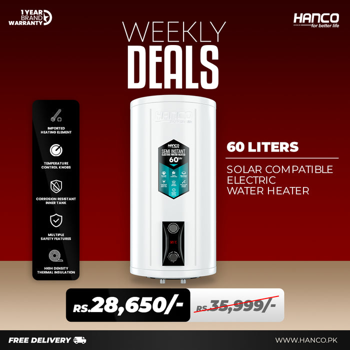 Semi Instant Electric Water Heater Solar Compatible - 60 Liters Body Size - Smart Electric Geyser